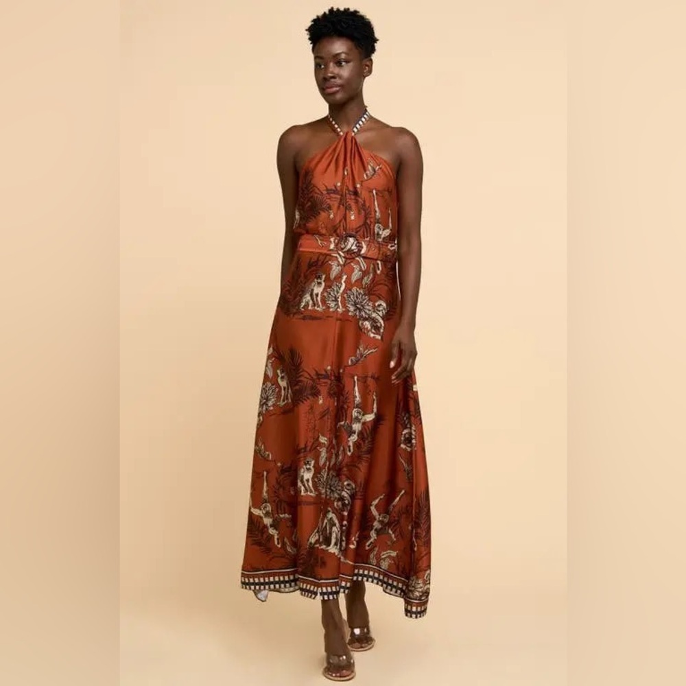 NWT- CIEBON Courtney Animal Print Halter Neck Satin Maxi Dress Size: XL - Picture 3 of 15